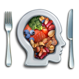 Brain food to boost brainpower nutrition concept as a group of nutritious nuts fish vegetables and berries rich in omega-3 fatty acids with vitamins and minerals for mind health with 3D illustration elements.